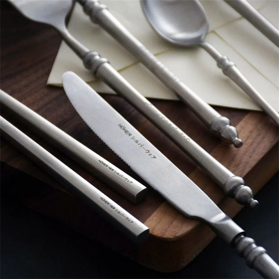 304 Stainless Steel Western Cutlery Bamboo Idea Design Japanese Retro Style Steak Knife, Fork and Spoon Set Chopsticks