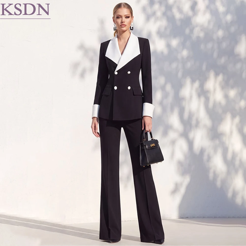 High Quality Black Women's Suits Slim Fit Business Double Breasted Sets Customized 2 Piece Jacket Pants For Office Lady