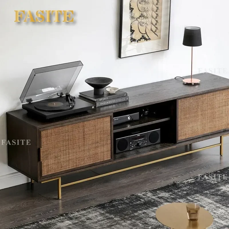 Nordic Rattan TV Cabinet for Small Apartment Living Room Medieval Retro Storage Ground Cabinet Audio Visual Furniture
