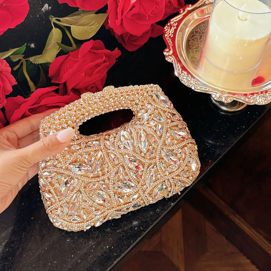 Heavy Industry Light Luxury Full Diamond Hollow Handbag Multi-Color Rhinestone Shining Design Exquisite and Smart Dinner Bag