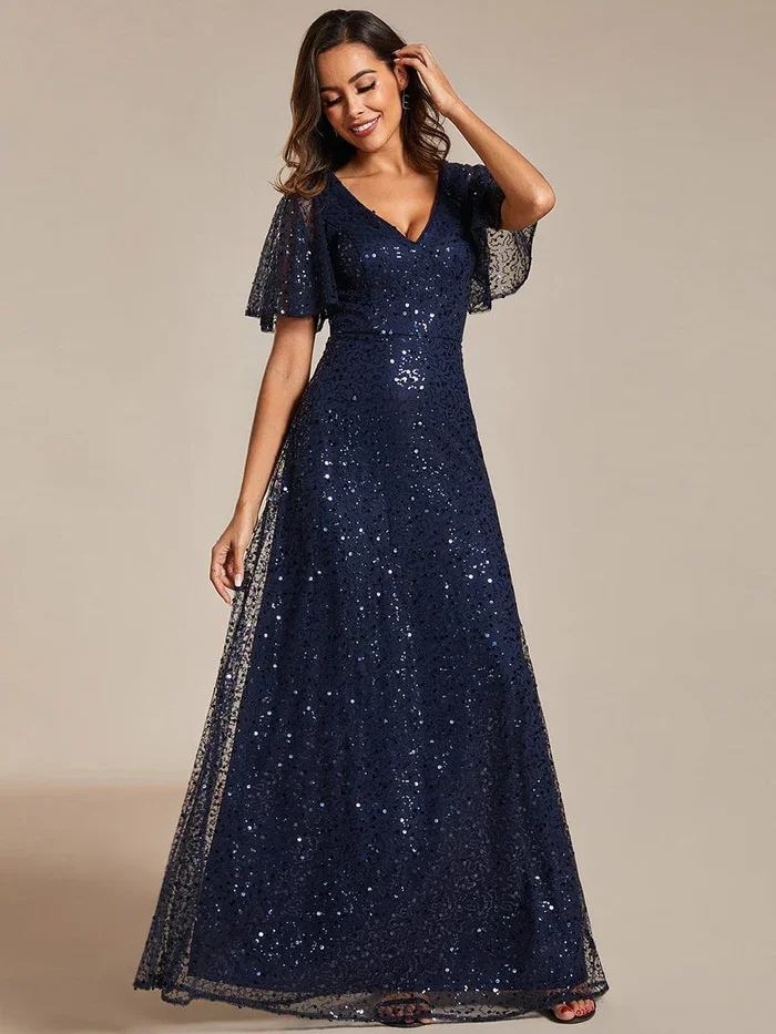 Ever Pretty 2024 Shimmering All Over Sequin V Neck Short Sleeves A-Line Formal Evening Dress