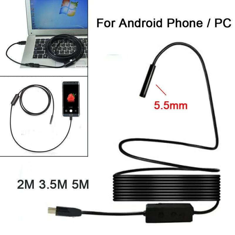 Endoscopio impermeable con cámara USB para Android, boroscopio de inspección con cámara HD de 5,5mm, 2M, 3,5 M, 5M, tubo de serpiente