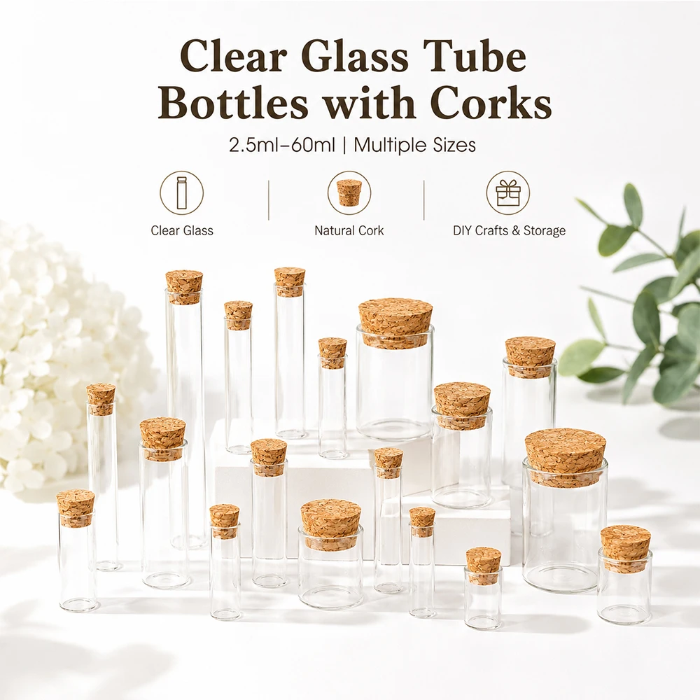 5-10Pcs Glass Wish Bottle, Empty Clear Glass Bottles with Cork Stopper 2.5-60ml, Glass Jars with Bamboo Caps, Potion Spice Jars