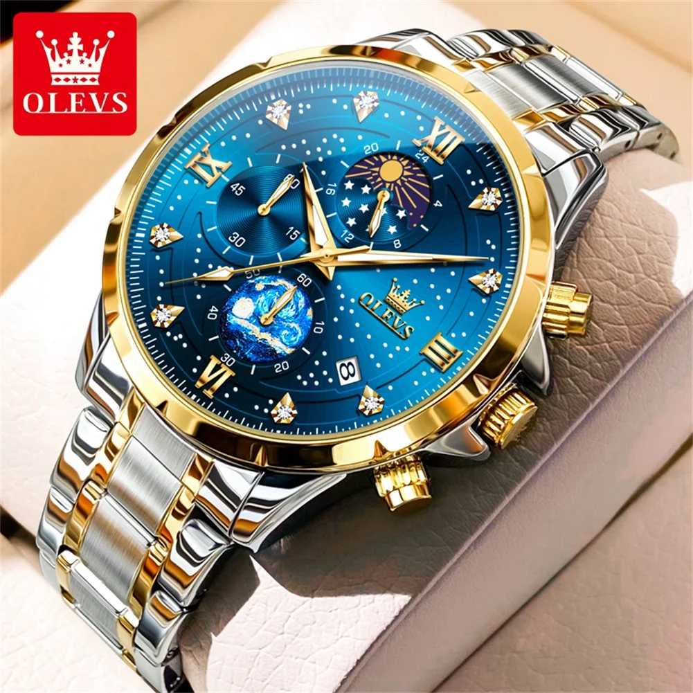 Olevs Luxus leuchtende Sternen himmel Zifferblatt Herren uhren Mondphase wasserdichte Original Quarzuhr für männliche Armbanduhr Chronograph