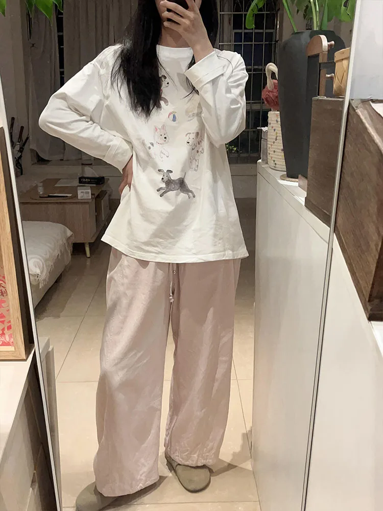 عادية القطن الخالص طويل Sve تي شيرت المرأة الخريف فضفاض التخسيس المطبوعة قاعدة irt ملابس داخلية أعلى الكورية Sle الأبيض