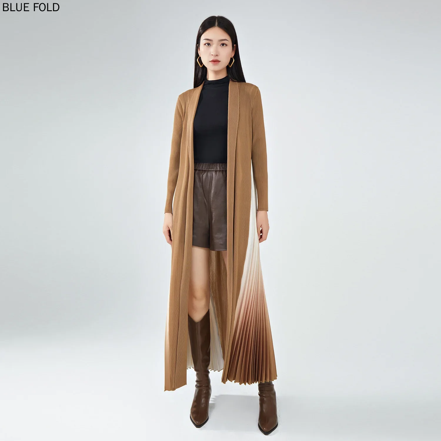 MIYAKE Long Trench Coat for Women, Lady Style Coat, Drapey Women's Coat, Irregular Gradient Splicing, PLEATS Windbreak, High-end