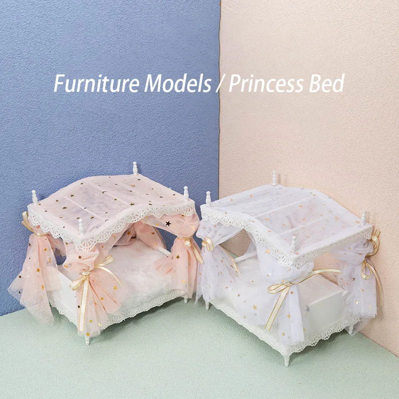

1:12 Dollhouse Accessories Simulation Mini Furniture Bedroom Princess Bed Scene Decoration Dream Star And Moon Mesh Princess Bed