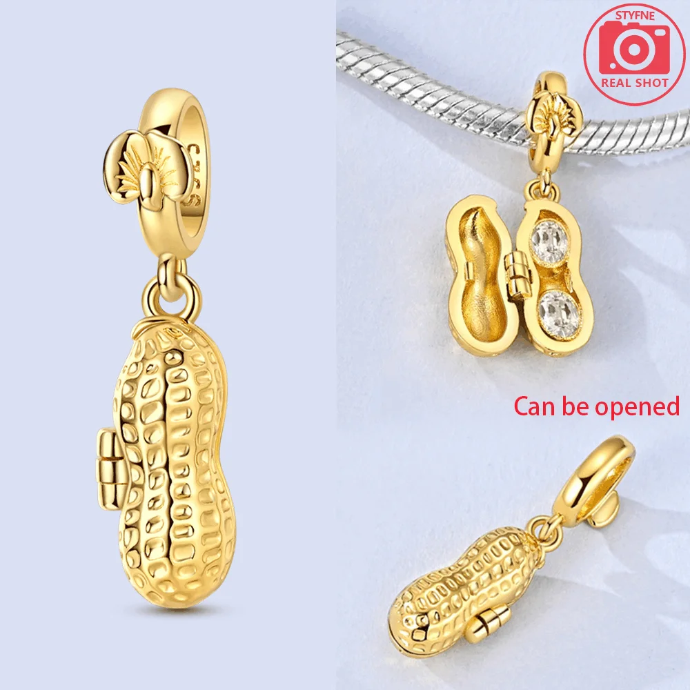 925 Sterling Silver Gold Plated Open Peanut Locket Dangle Charm Bead Fit Bracelet Keychain Earring Diy Lucky Women Jewelry Gift