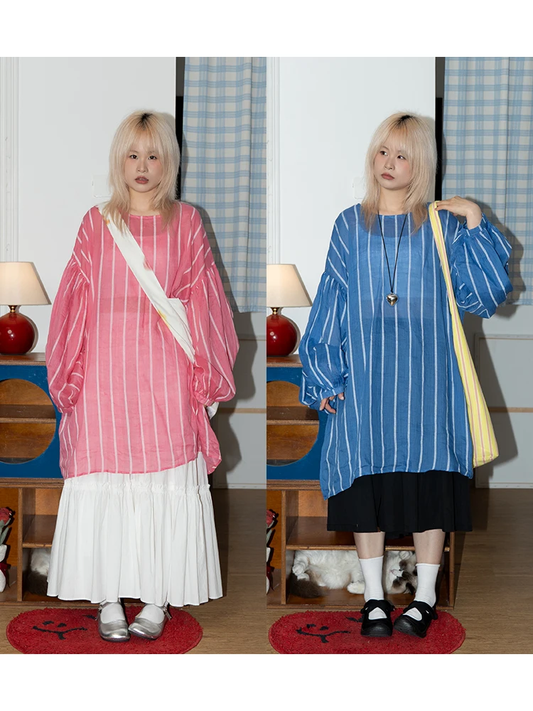 

Slimming Long Sleeve Shirt Loose Fit Lightweight Summer Spring Stripe Patterned Women's Premium Quality Flax Casual Top