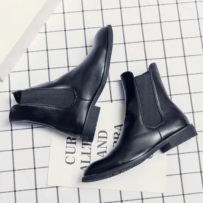 Black Chelsea Boots Business Men Ankle Boots Slip-On Round Toe Vintage Boots Size 38-48 Botas De Trabajo Hombre