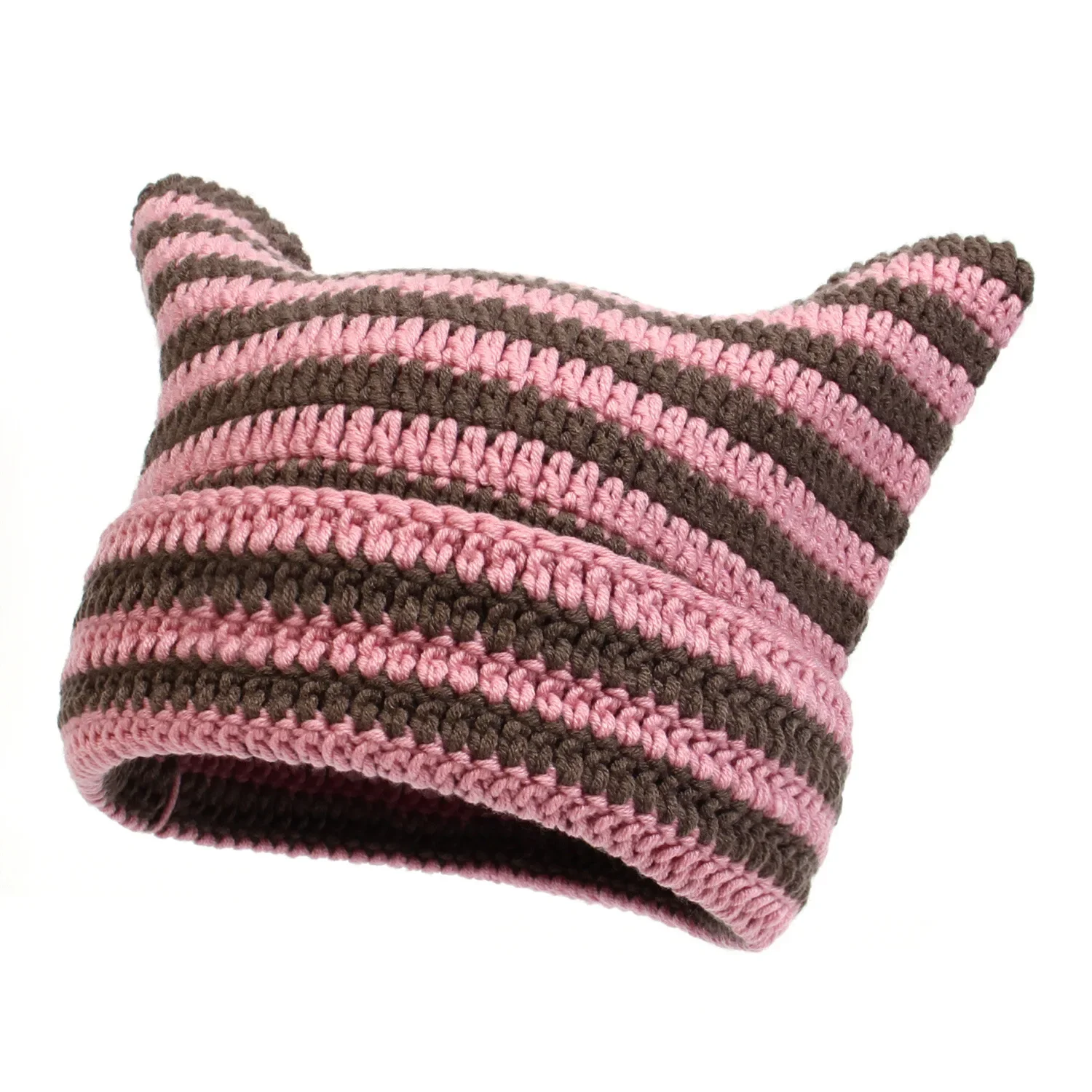 2023 New Japanese Little Devil Hand Crocheted Wool Hat Stripe Hat Cute Cat\'s Ears Steamed Cat-ear Shaped Bread Casual Warm Hat