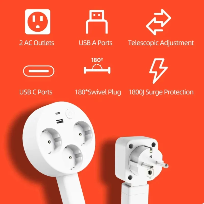 EU Electrical Outlet Extender Plug Wall Outlet Extender Extendable Wall Socket for Behind Couches Nightstands Desks