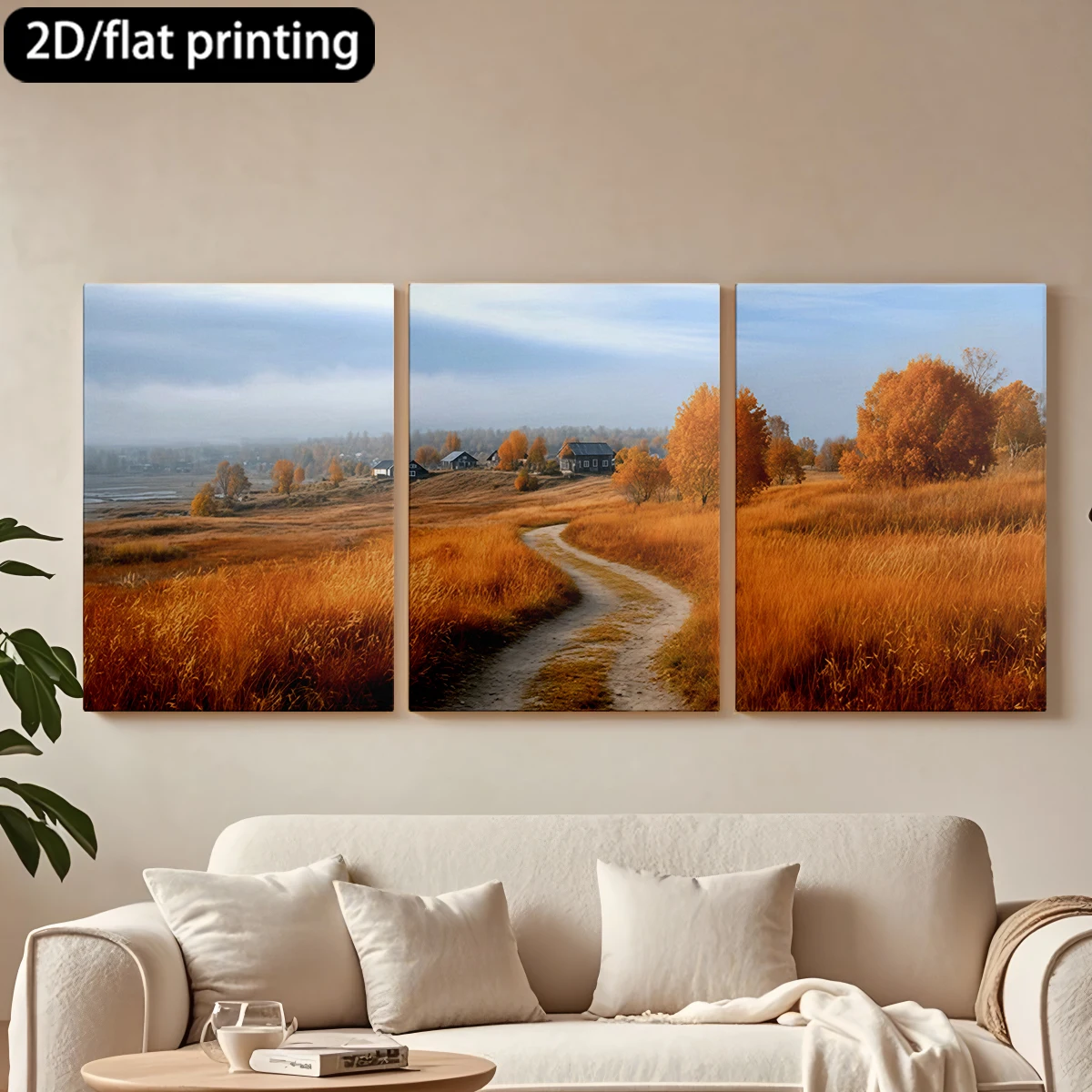

Three-panel decorative canvas paintingAutumn pathway, rustic homes, golden foliage.