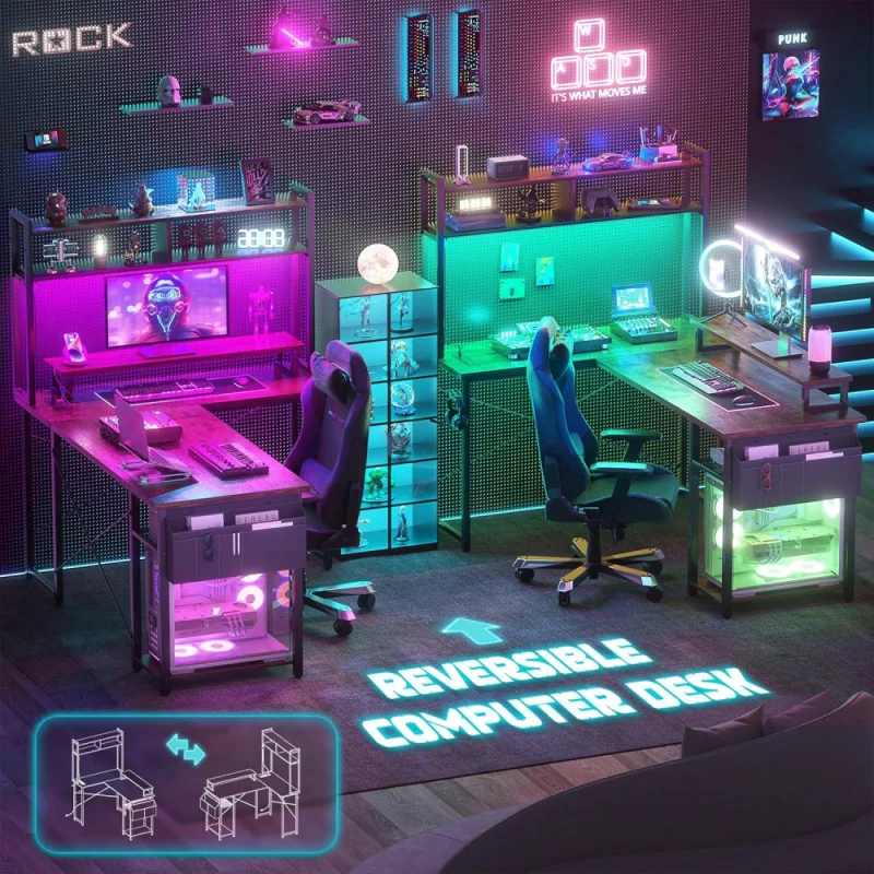 Small L Shaped Gaming Desk with LED Lights & Power Outlets, Reversible L-Shaped Computer Desk with Monitor Stand & Storage