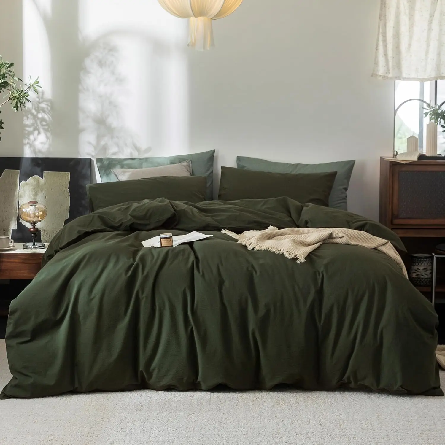 

Комплект постельного белья из 100% стираного хлопка, супермягкий и дышащий, размер Queen, 3 предмета, цвет оливковый