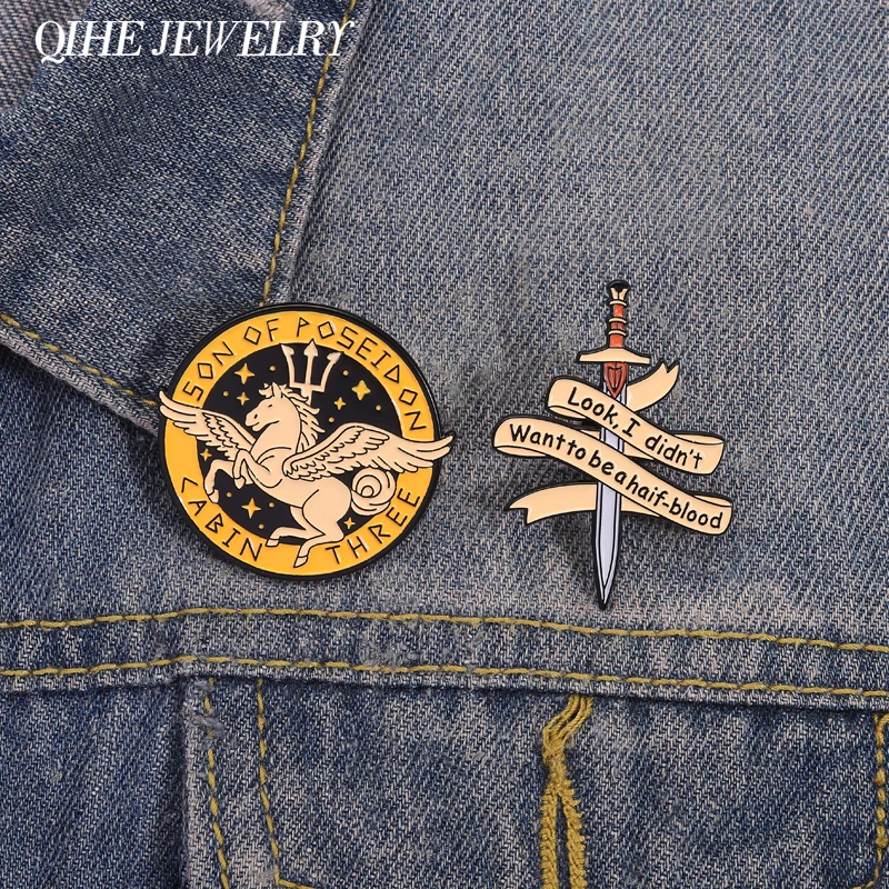 Fantasy Adventure TV Son of Poseidon Cabin Drei Emaille-Pins „I Did't Want To Be A Haif-Blood“-Schwert-Broschen, Anstecknadel, Schmuck
