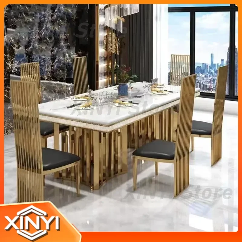 Luxury Dining Set for Home Dining Room Wedding Gold Stainless Steel Frame Rectangular Marble Top Table and Chairs