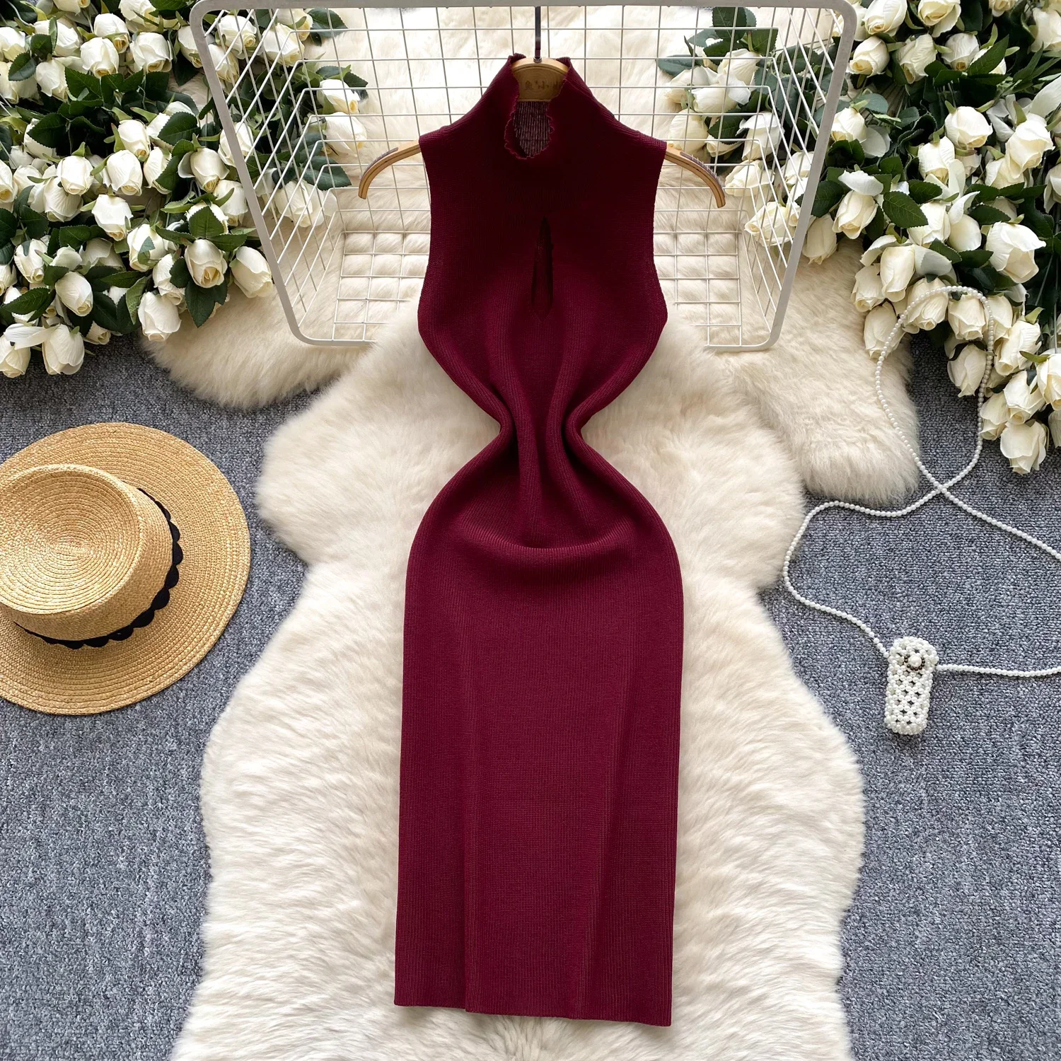 Sommer Sexy Kurzes Kleid Frauen Ärmelloses Dünnes Strand Sommerkleid Halb Hohen Kragen Gestrickte Mini, Figurbetontes Kleid Streetwear Outfits