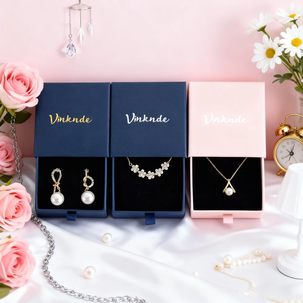 

100Pcs Custom Logo Cardboard Drawer for Jewelry Packaging Gift Boxes 7x7x1.7cm Necklace Earring Ring Displaying Your Luxury Item