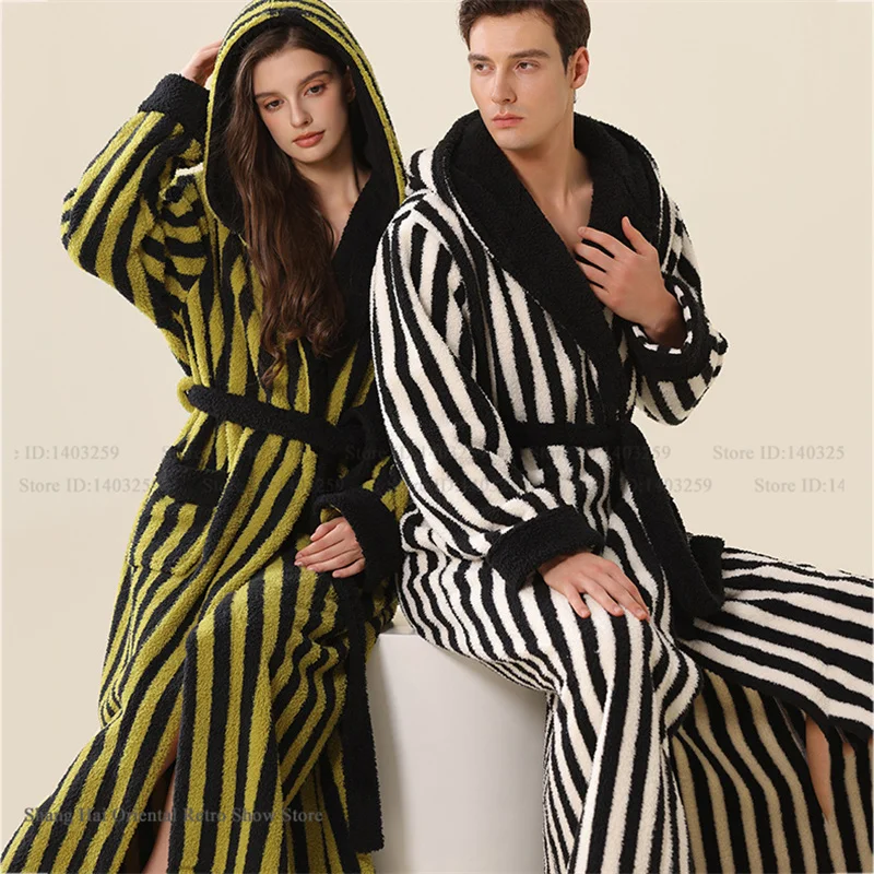 

Thicken Warm Flannel Hooded Long Robe Couple Sleepwear Lounge Wear Winter Soft Coral Fleece Nightwear Bathrobe Casual Home Dress