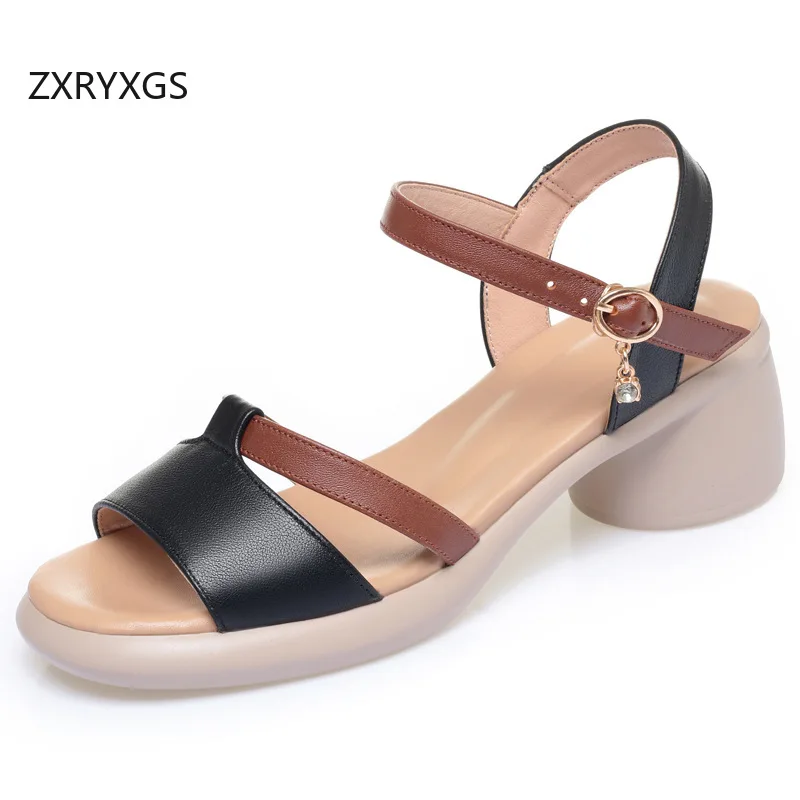 ZXRYXGS 2026 New Genuine Leather Spell Colors Summer Open Toe Trendy Sandals Comfortable Soft Sole Women Mid Heel Sandals Tide