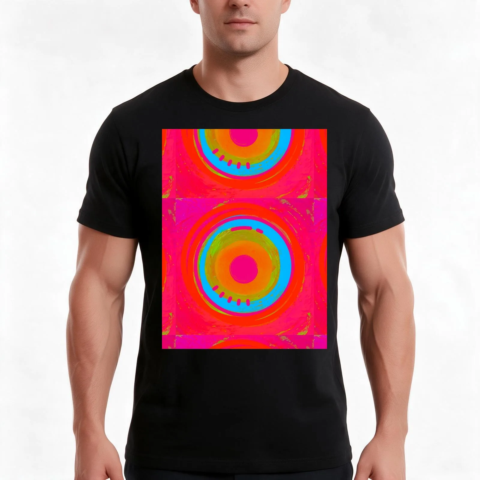 FIESTA ABSTRACT IN ORANGE FUCHSIA RED AND TURQUOISE T-Shirt Summer Casual Cotton Tee Oversized Streetwear Tops 100% Cotton
