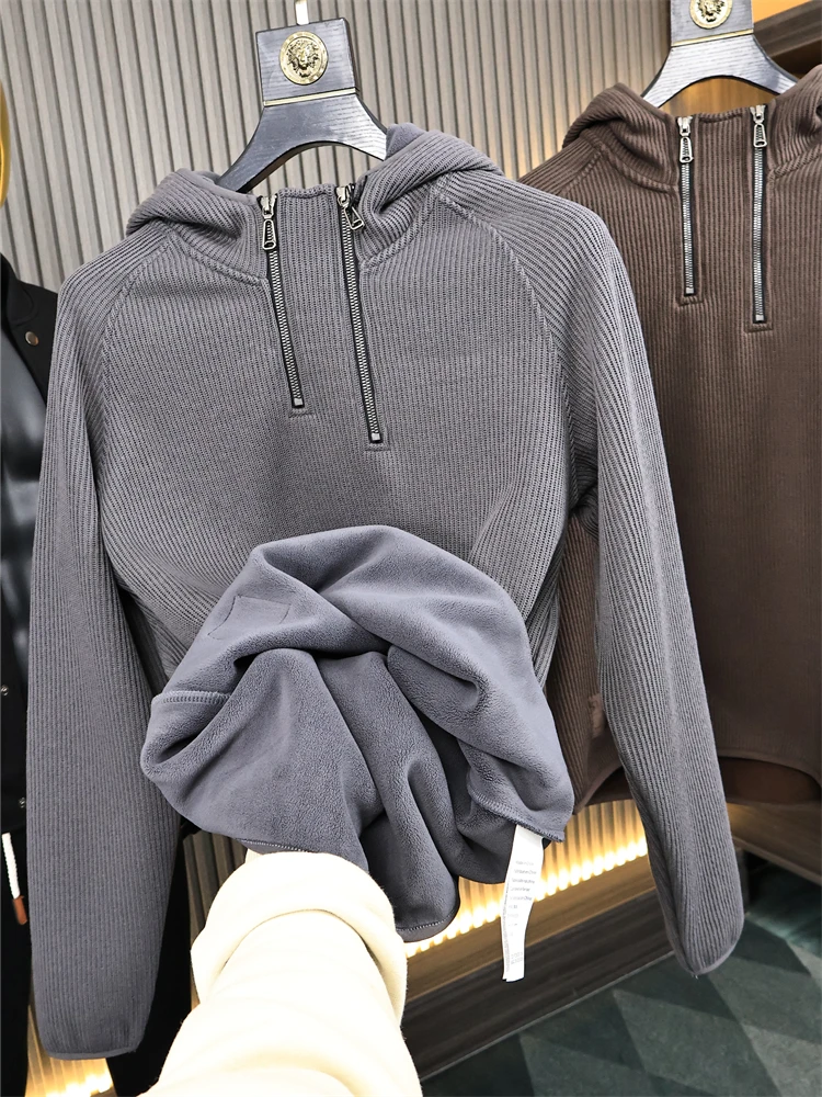 

Men's Hoodie Sweatshirt Pure Color Knitted Fleece Lined Double Zipper ODM Company New Product Trendy Autumn Winter Wear
