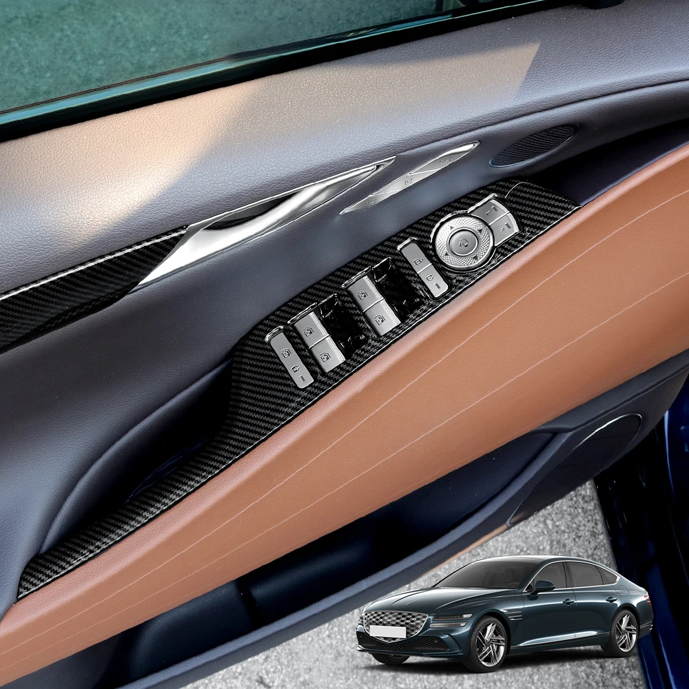 

Для Genesis G80 RG3 кнопка переключателя окна, крышка дверного подлокотника, рамка, отделка панели, углеродное волокно, деревянное зерно, аксессуары для интерьера, левый руль