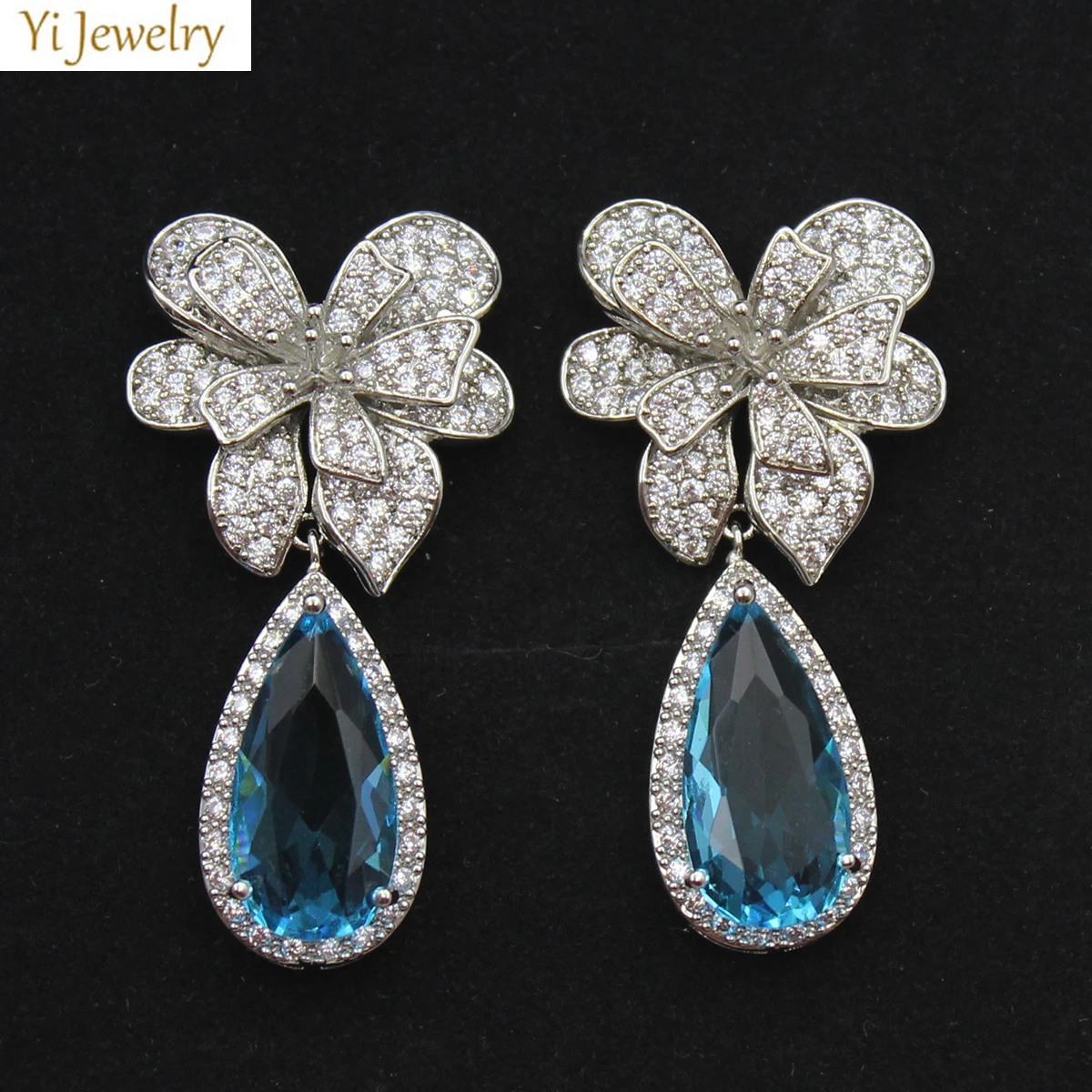 

Cubic Zirconia Luxury Jewelry Big Flower Dangle Earrings for Women Evening Party Wedding Light Pink Blue Water Drop Earring Gift