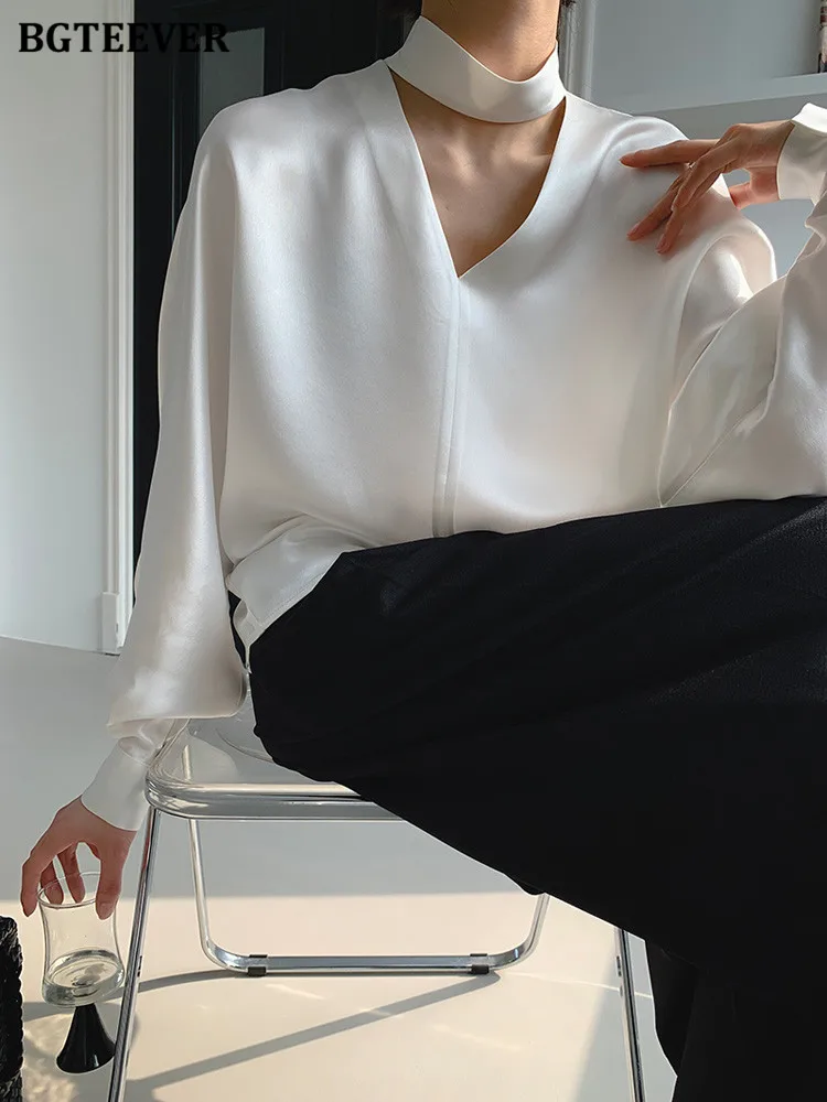 Bgteever elegante com decote em v senhoras pullovers blusas topos manga longa solta camisas de cetim feminino primavera feminino sólido