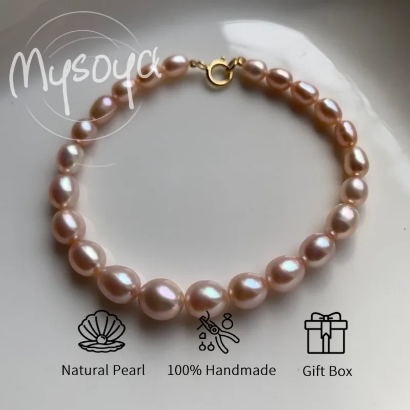 

MYSOYA Pink Rice-shaped Freshwater Pearl Bracelet 7-8mm With Gift Box For Her/Him Birthday/Wedding/Christmas/New Year Gifts