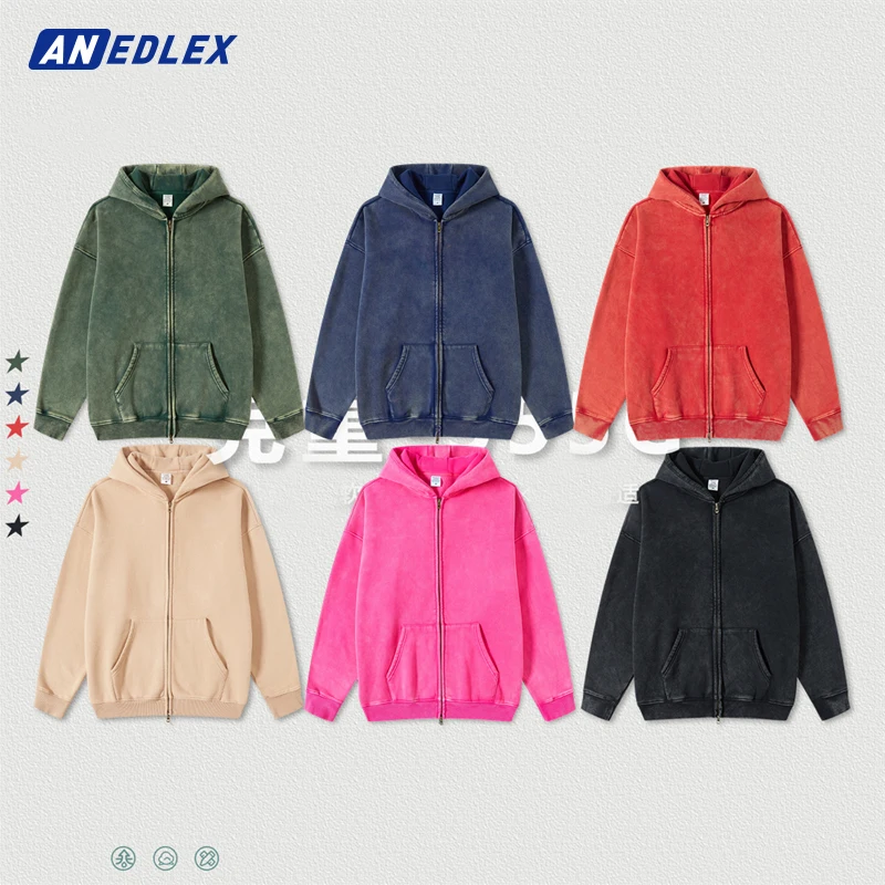 2023 Winter Oversize Thick 355g Fleece Zipper Hoodies For Men Unisex Hip Hop Streetwear Vintage Washed Warm Hooded Coats