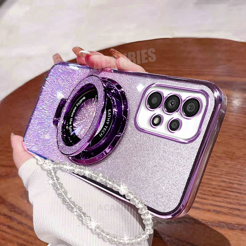 A 52 53 32 33 Чехол-цепочка с блестящим покрытием для Samsung Galaxy A52 A53 A33 A23 A13 A32 A73 A72 Силиконовый чехол-подставка с ремешком