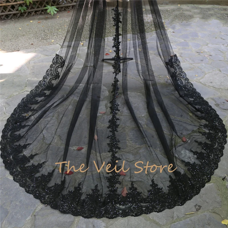 Real Photos Black Lace Trim Bridal Wedding C ape Wedding Shoulder Veils Appliques Cathedral Long Sequin Draped For Brides 3 4 5m