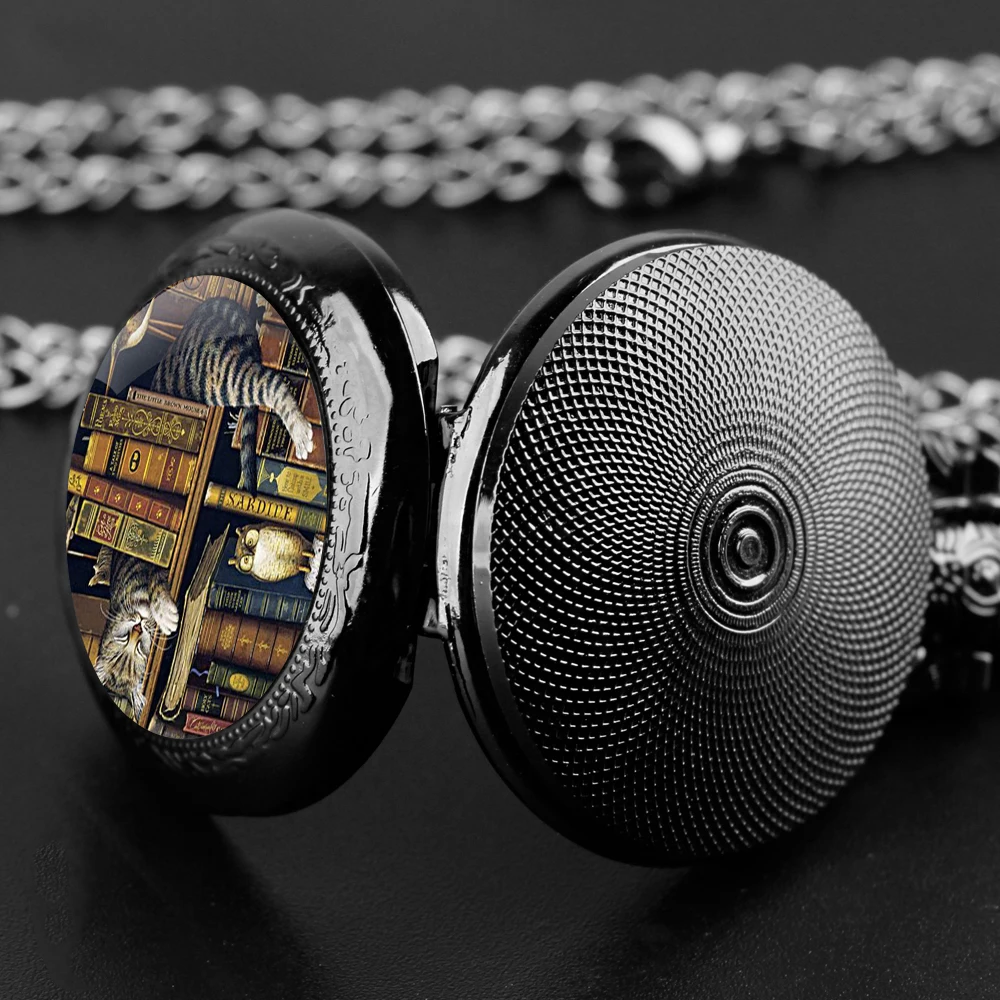 Regalo squisito Orologio da tasca al quarzo con cupola in vetro con design a libro di gatti con catena robusta Uomo Donna Bambini Regalo unico