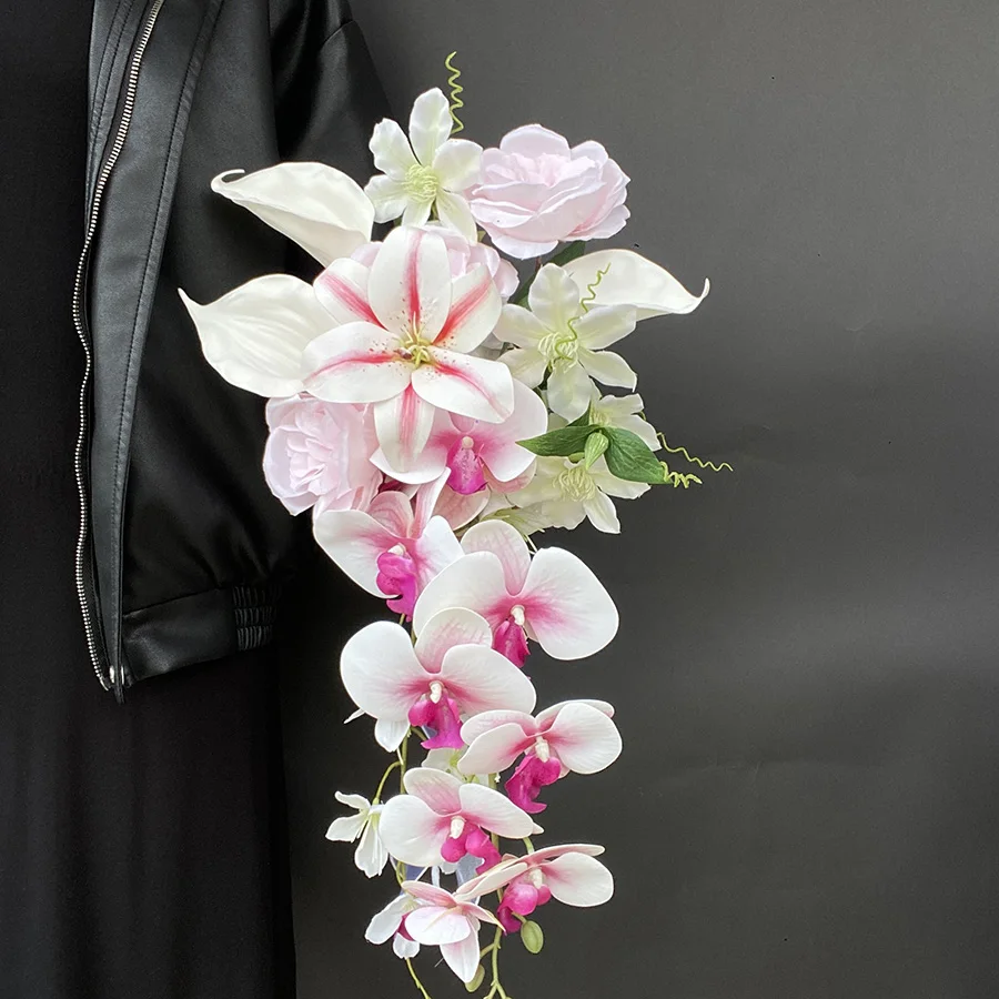 Real shot water drop hanging Phalaenopsis hand bouquet simulated flower wedding certificate registration wedding dress photo