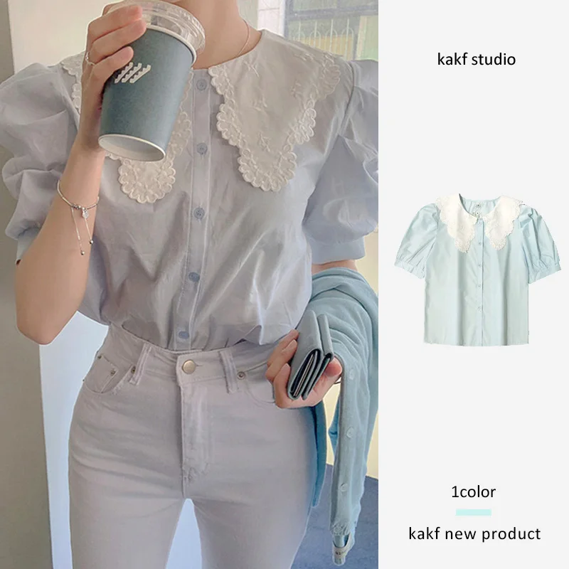 

Korean Sle Chic Gentle Retro Lace Embroidery Doll Collar Bubble Sve irt Women Design Sensation Super Fairy Top