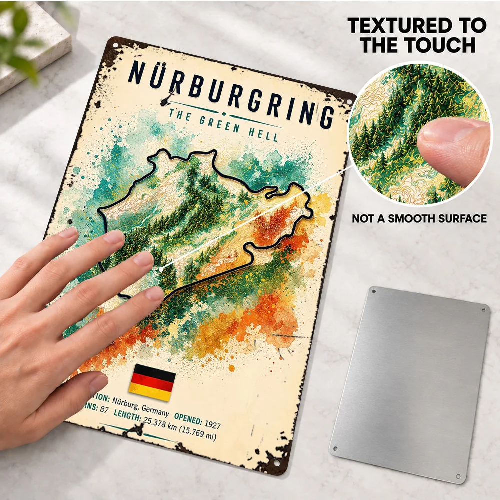 Nurburgring The Green Hell Printed Poster Personalized Aluminum Metal Sign Watercolor Style Wall Art For Racing Simulator Room
