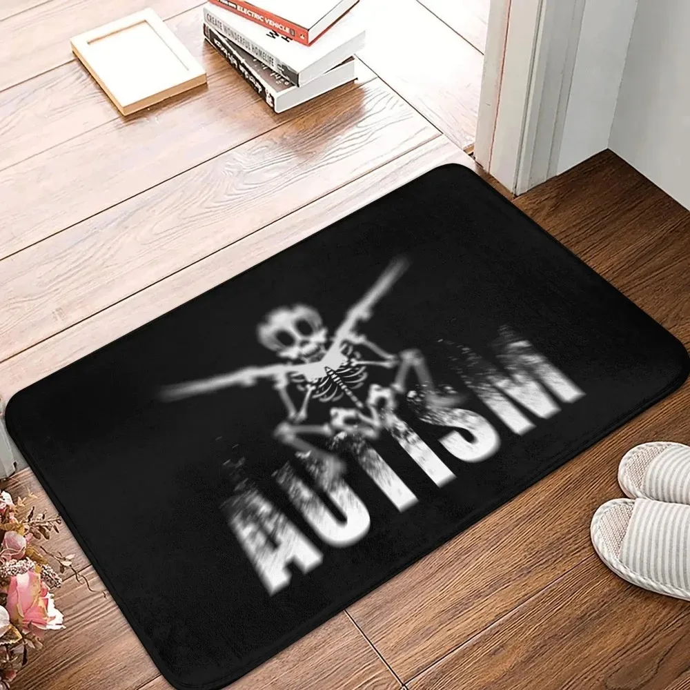 Funny Meme Doormat Autism Skeleton Design Non Slip Washable Carpet for Meme Lover Home Entryway Decor Gothic Home Decor Black