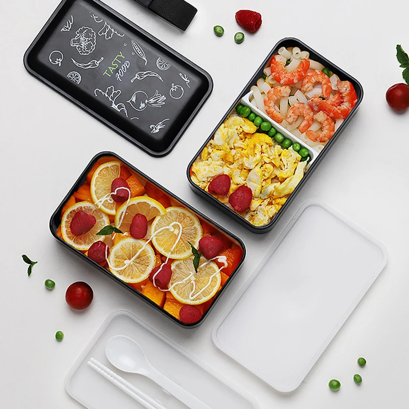 Portable Rectangular Lunch Box Double Plastic Material Bento Box 1200ml Microwave Tableware Food Storage Container Lunch