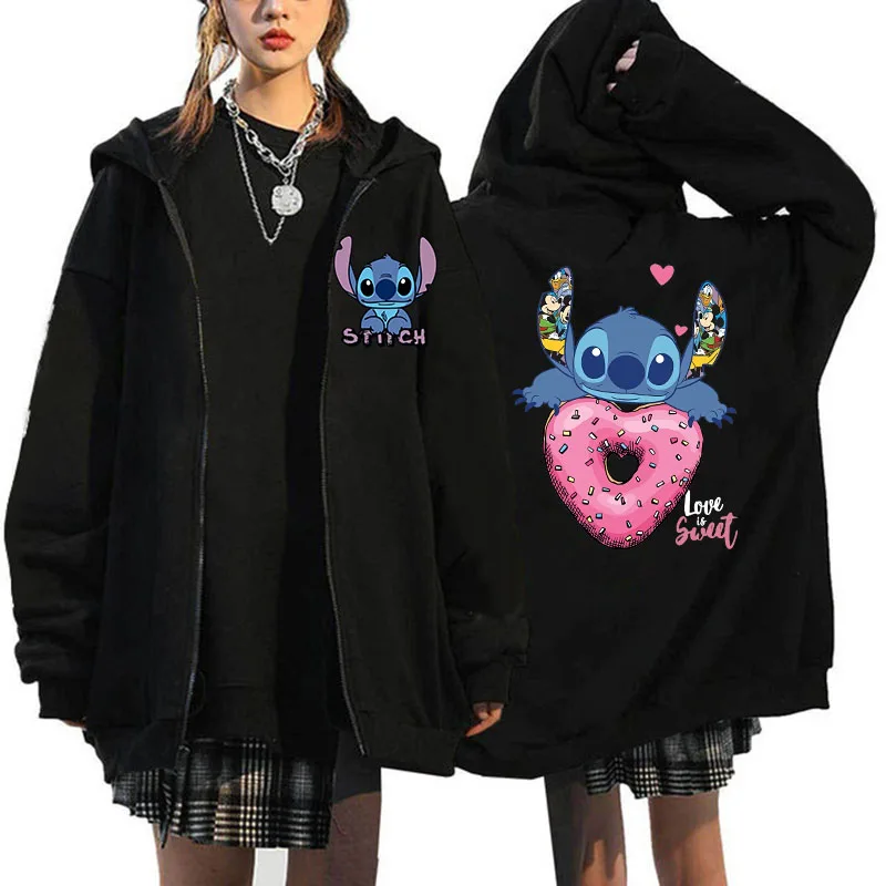 Women's Zip Hoodies Disney Role Play Lilo & Stitch Graphic Print Sweatshirt Winter Outerwear Girls Student College Clothing Tops