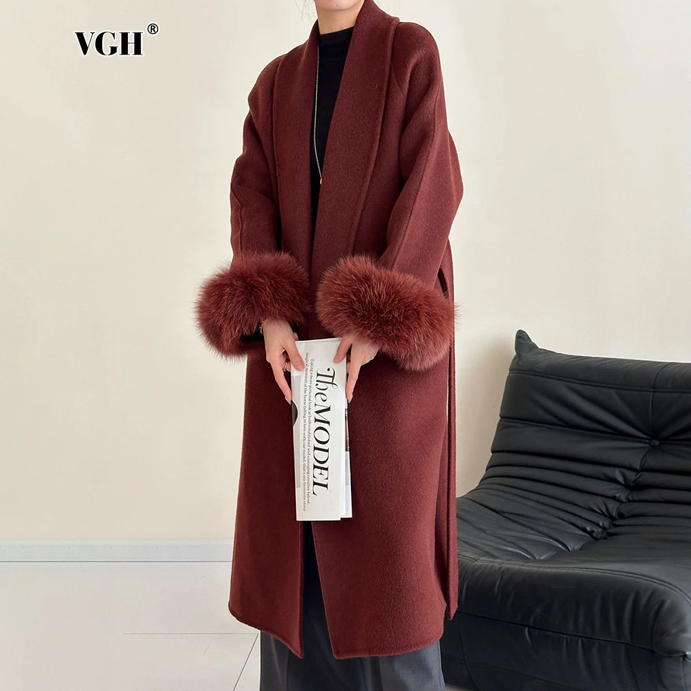 VGH Solid Spliced Feathers Elegant Woollen Overcoat For Women Lapel Long Sleeve Tunic Temperament Chic Coats Female Fashion New