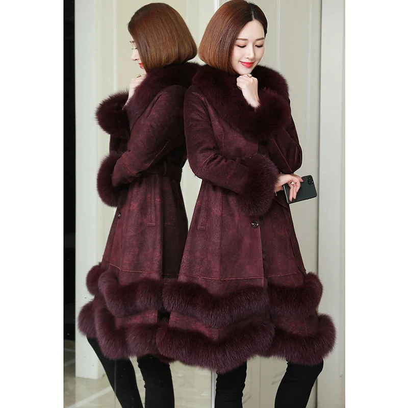 2024New Haining Leather Otter Rabbit Fur Integrated Women's Long Faux Fox Fur Collar Slim Fitting Fur Jacket Female Coat Vintage