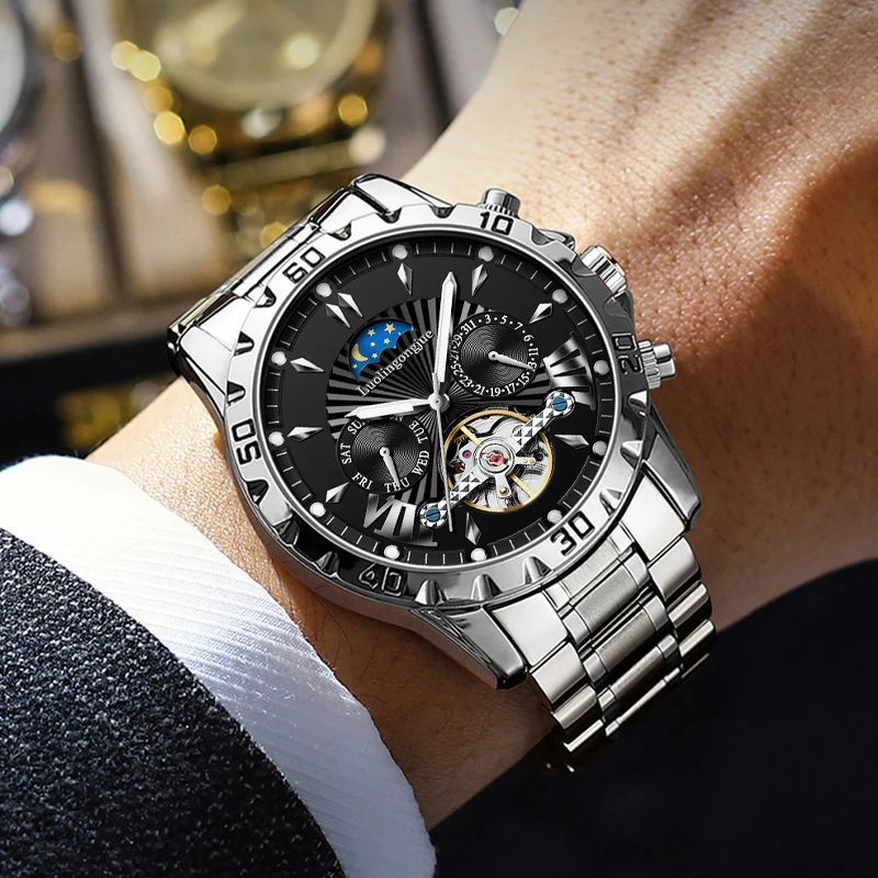 

Новые высококачественные мужские механические часы, с ажурным дизайном, застежкой-бабочкой, ремешком из нержавеющей стали, полностью автоматические, модные повседневные простые многофункциональные наручные часы, лучший выбор для подарка