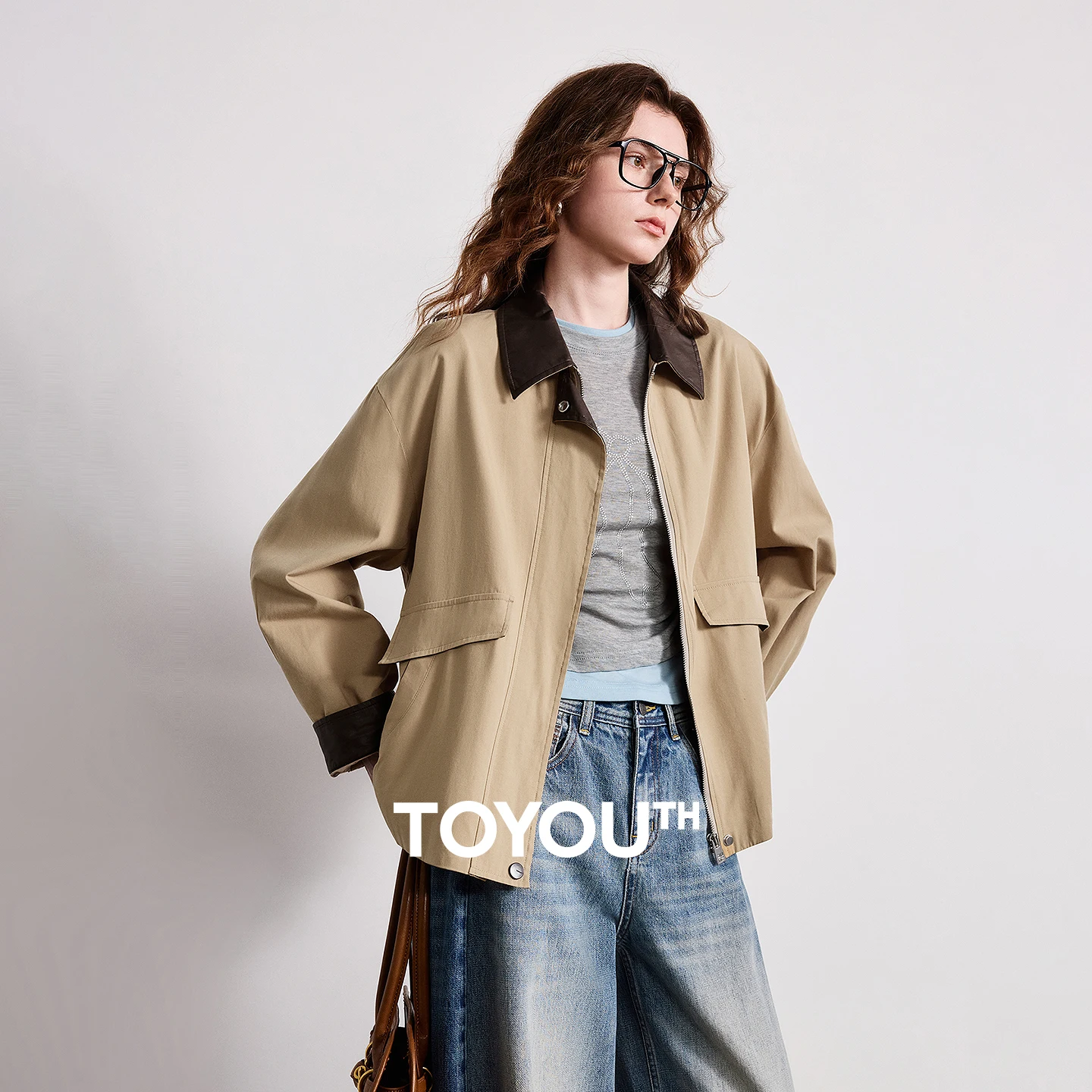 TOYOUTH Women Barn-Style Trench Coat 2026 Spring New Contrast Collar Pleated Design Loose Slim-Fit Lightweight Jacket