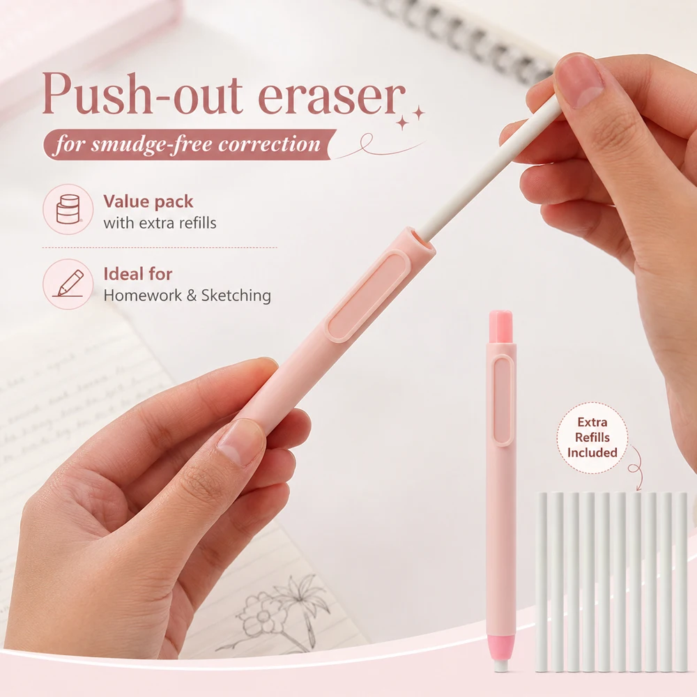 Eraser Pen Set Creative Pen Shape Press Type Pencil Eraser with Replaceable Core Sketching Painting Writing Erase Supplies