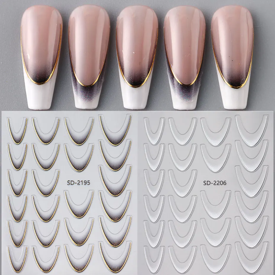 2/4pcs Gradient French Nail Decals Brozing Gold Silver Curved Striped Design Glitter Sticker 3D Dreamy Crescent Manicure Slider