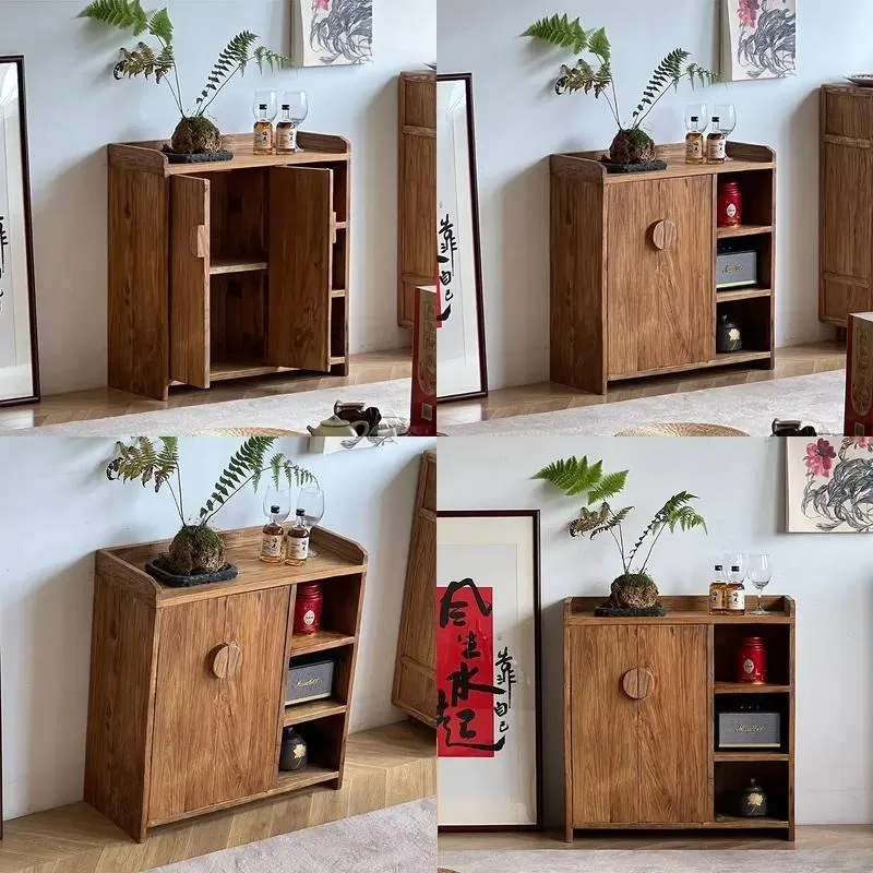 New Chinese Style Old Elm Living Room Multi Functional Cabinet Movable Tea Cabinet Solid Wood Locker
