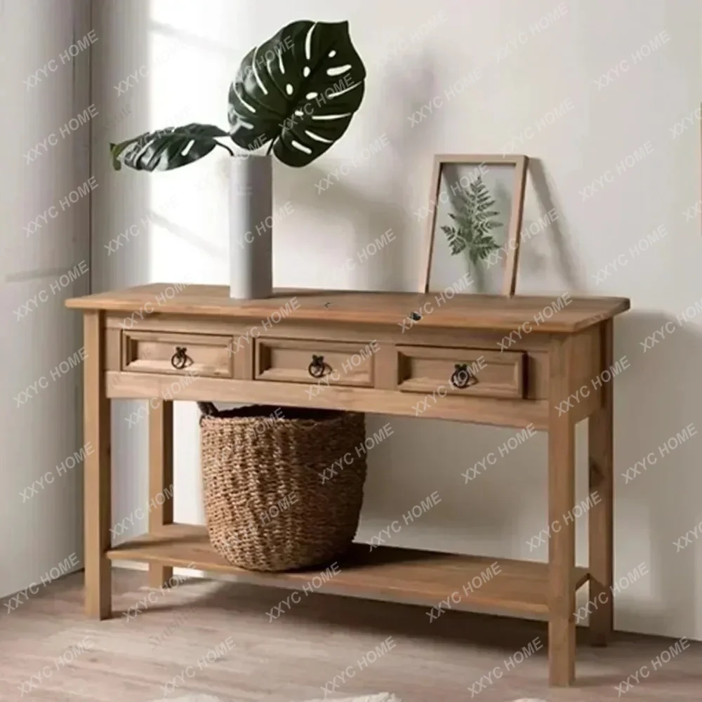 Solid Wood Console Table With 3 Drawers Farmhouse Entryway Table With Storage Shelf