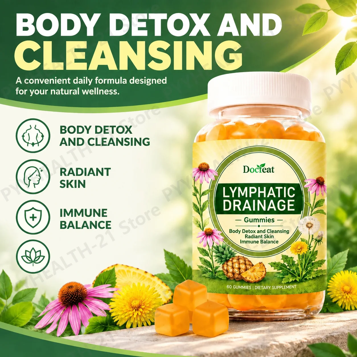 Lymphatic Drainage Gummies Body Detox and Cleansing Radiant Skin Immune Balance Echinacea Dandelion Root 60 Gummies for Swelling